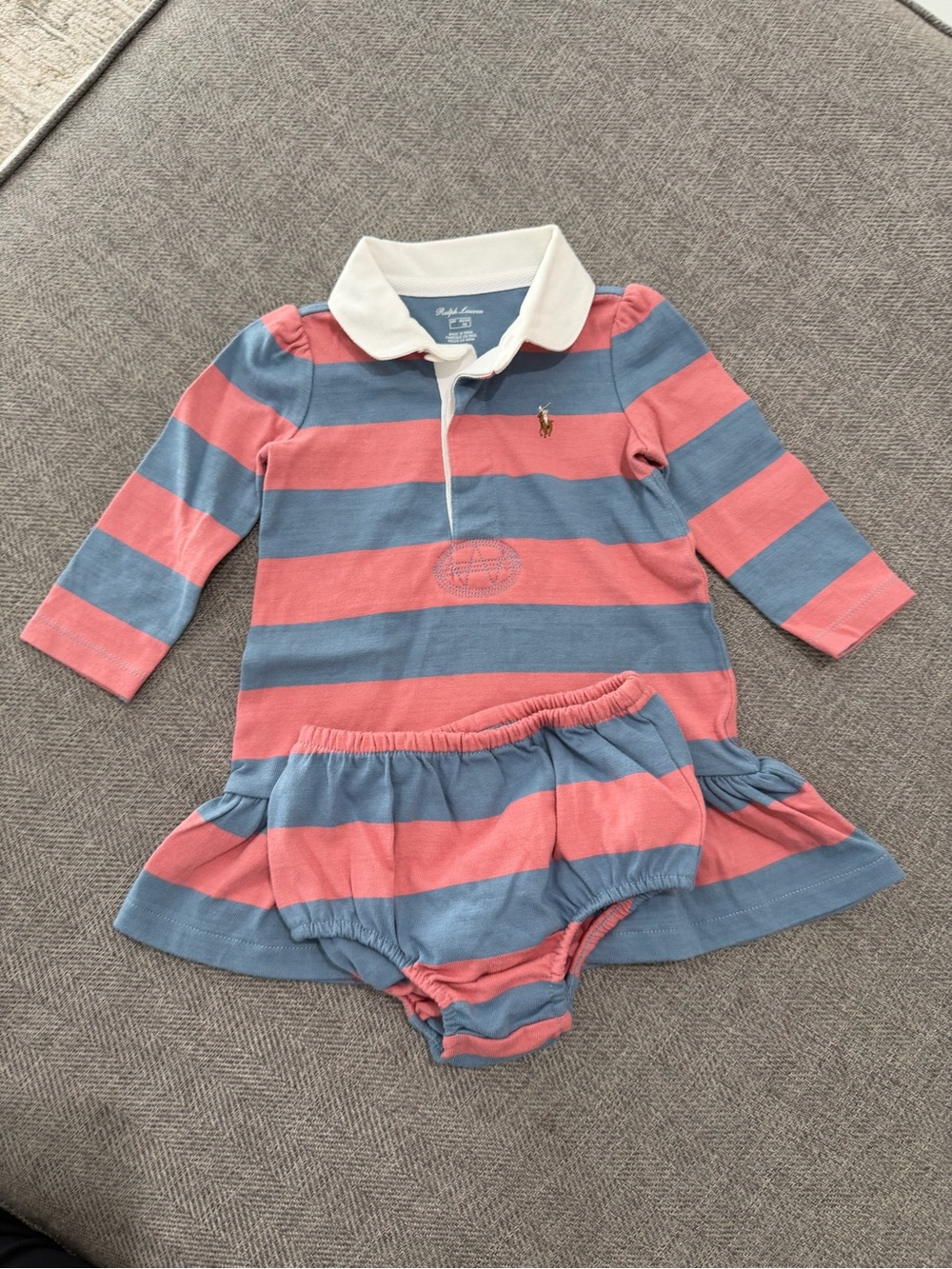 Ralph Lauren Pink and Blue Striped Polo Dress with Bloomers